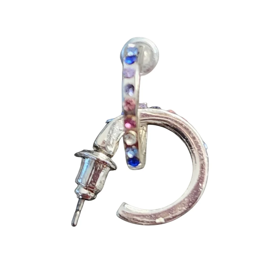 Silvertone Blue and Pink Huggie Earrings
